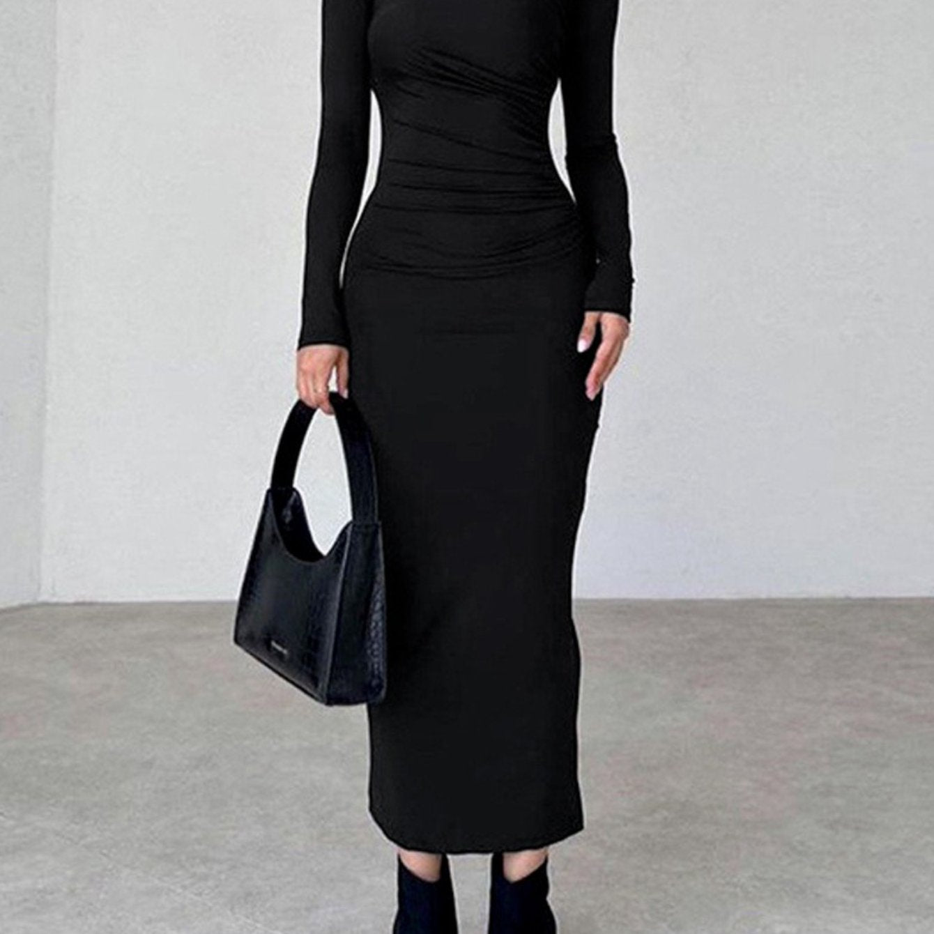 Women's Elegant Black Ruched Slim-Fit Dress - High Neck Long Sleeve A-Line Winter Dress with Short Hip Slit, Hand Washable Fall\u002FWinter Wedding Guest Dress, Office Party & Formal Attire (No- Round Neckline)