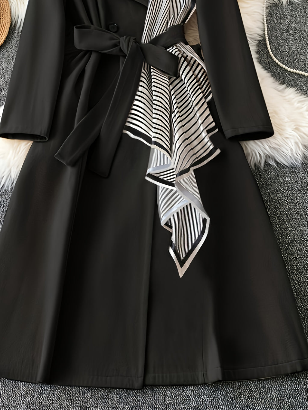 Elegant Black Double-Breasted Coat with White Piping & Bow Tie Belt - Full-Length Winter Jacket, Structured Collar, Machine Washable for, Weddings, Parties - Tailored Trench Coat