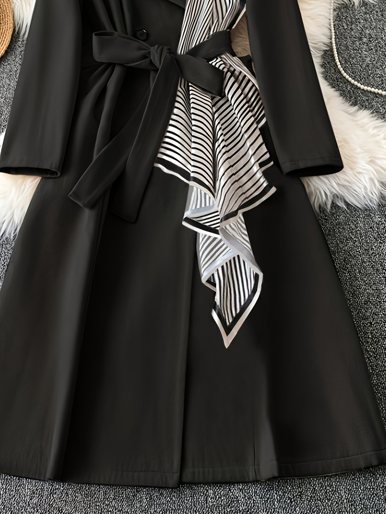 Elegant Black Double-Breasted Coat with White Piping & Bow Tie Belt - Full-Length Winter Jacket, Structured Collar, Machine Washable for, Weddings, Parties - Tailored Trench Coat