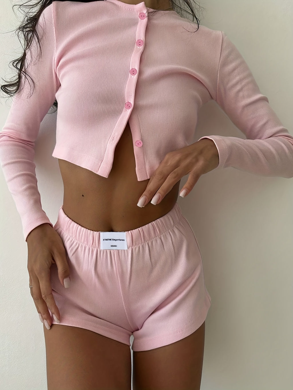 2pcs Women'S Solid Color Clothing Set - Soft Pink All-Season Long Sleeve Round Neck Top & Elastic Waist Shorts with Single-Breasted Button Closure, Relaxed Fit Pajamas for Home, Lounge, Casual Wear - Breathable & Comfortable Clothing Outfit