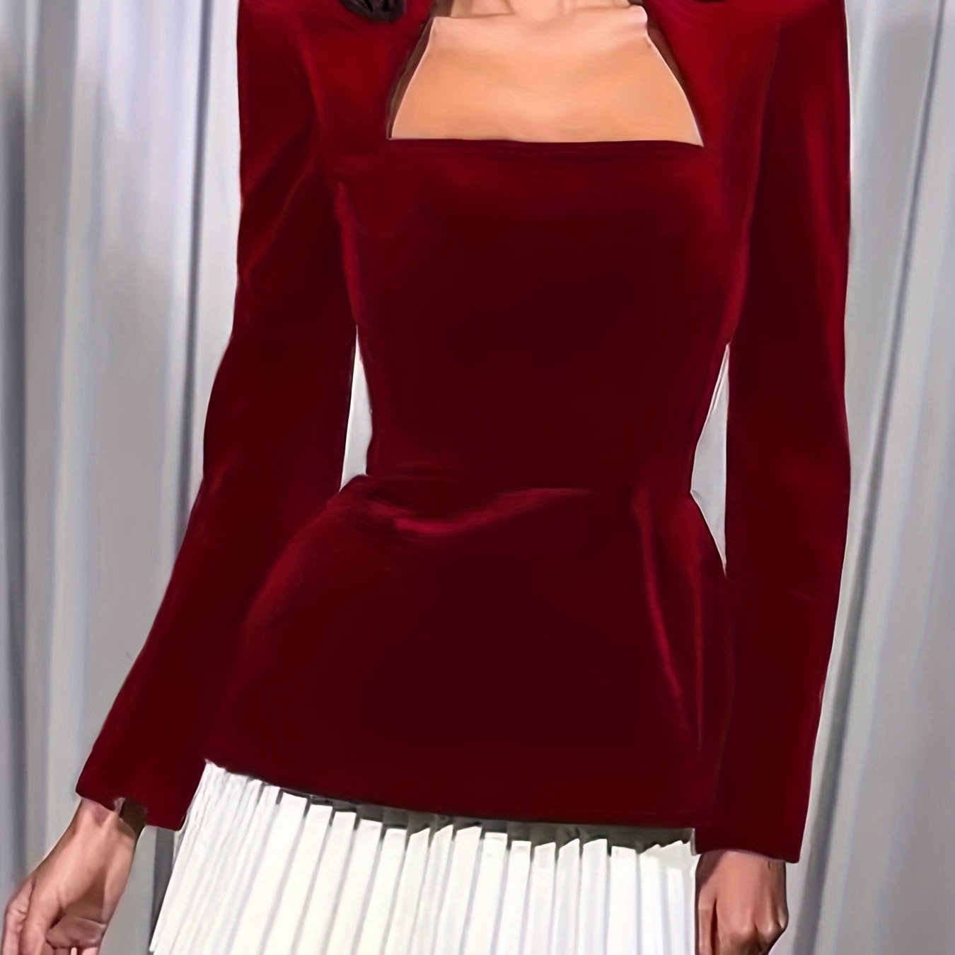 Elegant Red Long Sleeve Mini Dress with Pleated Hem - Square Neck, Fitted Top & Flared Skirt, Perfect for Fall\u002FWinter, Adult Women'S Fashion, Winter Fashion|Sophisticated Style|Polyester Fabric