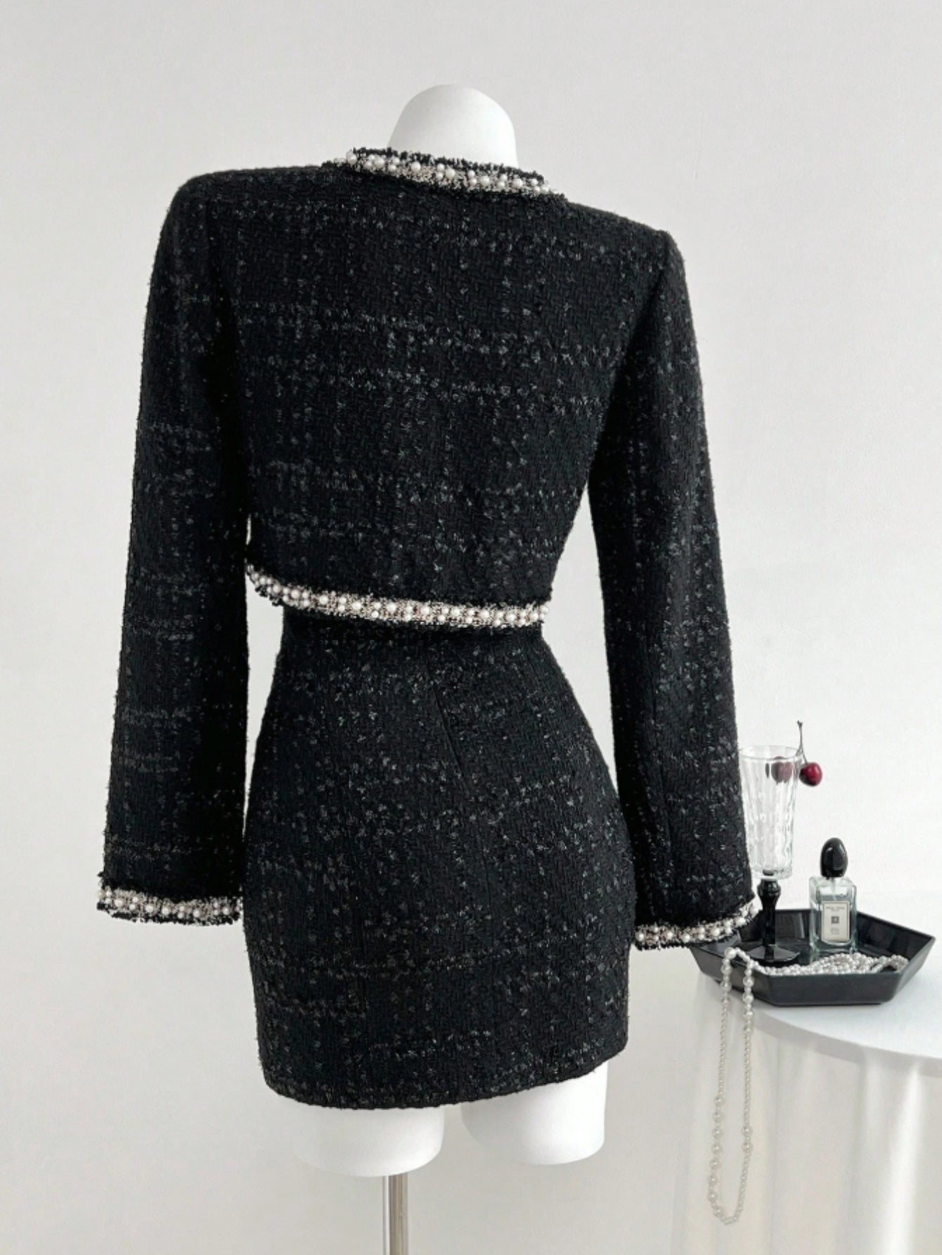 2pcs Women'S Vintage Glamorous Short Jacket & Camisole Bodycon Dress Set - Elegant V-Neck All-Over Print Outfit with Structured Waist, Fall\u002FWinter Party & Social Occasion Ensemble, Chic Two-Piece Suit for Evening Events, Durable & Comfortable Fabric