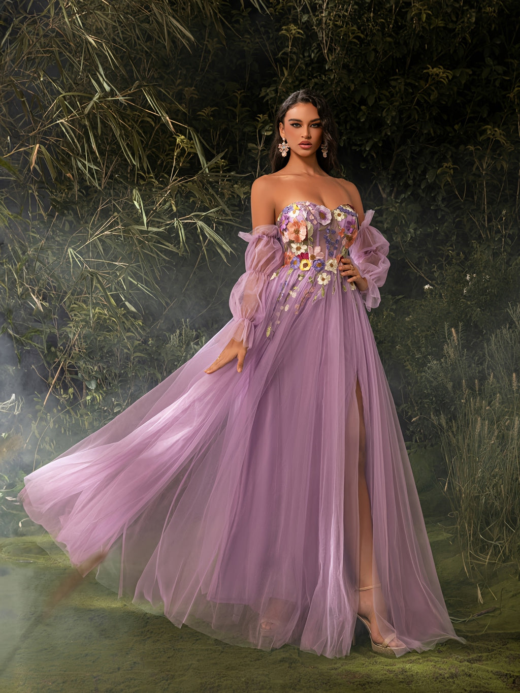 Elegant Off-Shoulder Corset Dress with Floral Embroidery & Tulle Skirt - Long Sleeve, High Slit, Floor-Length Evening Gown for Weddings, Parties, Formal Events, Wedding Guest Attire, Sophisticated Craftsmanship