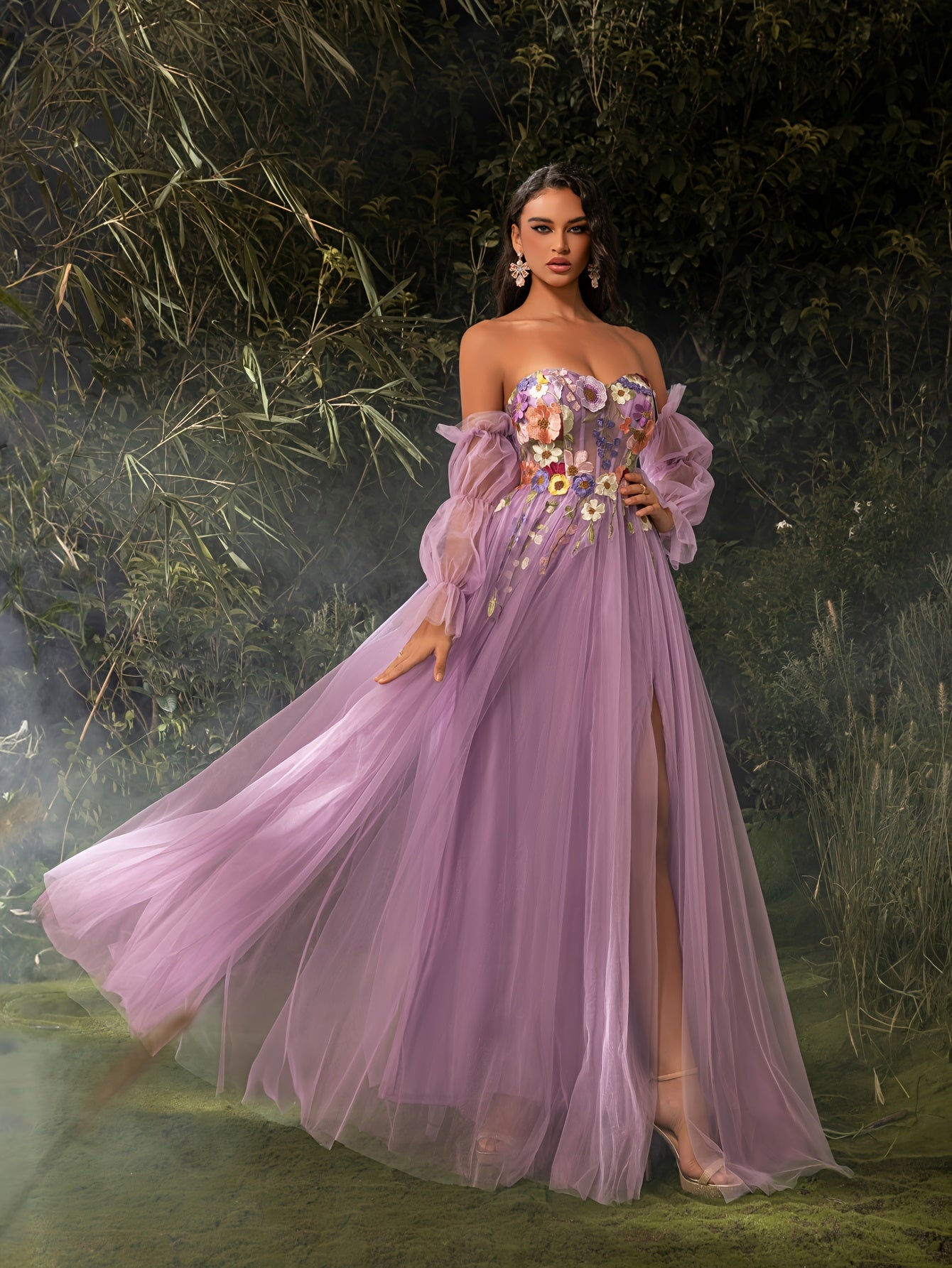 Elegant Off-Shoulder Corset Dress with Floral Embroidery & Tulle Skirt - Long Sleeve, High Slit, Floor-Length Evening Gown for Weddings, Parties, Formal Events, Wedding Guest Attire, Sophisticated Craftsmanship