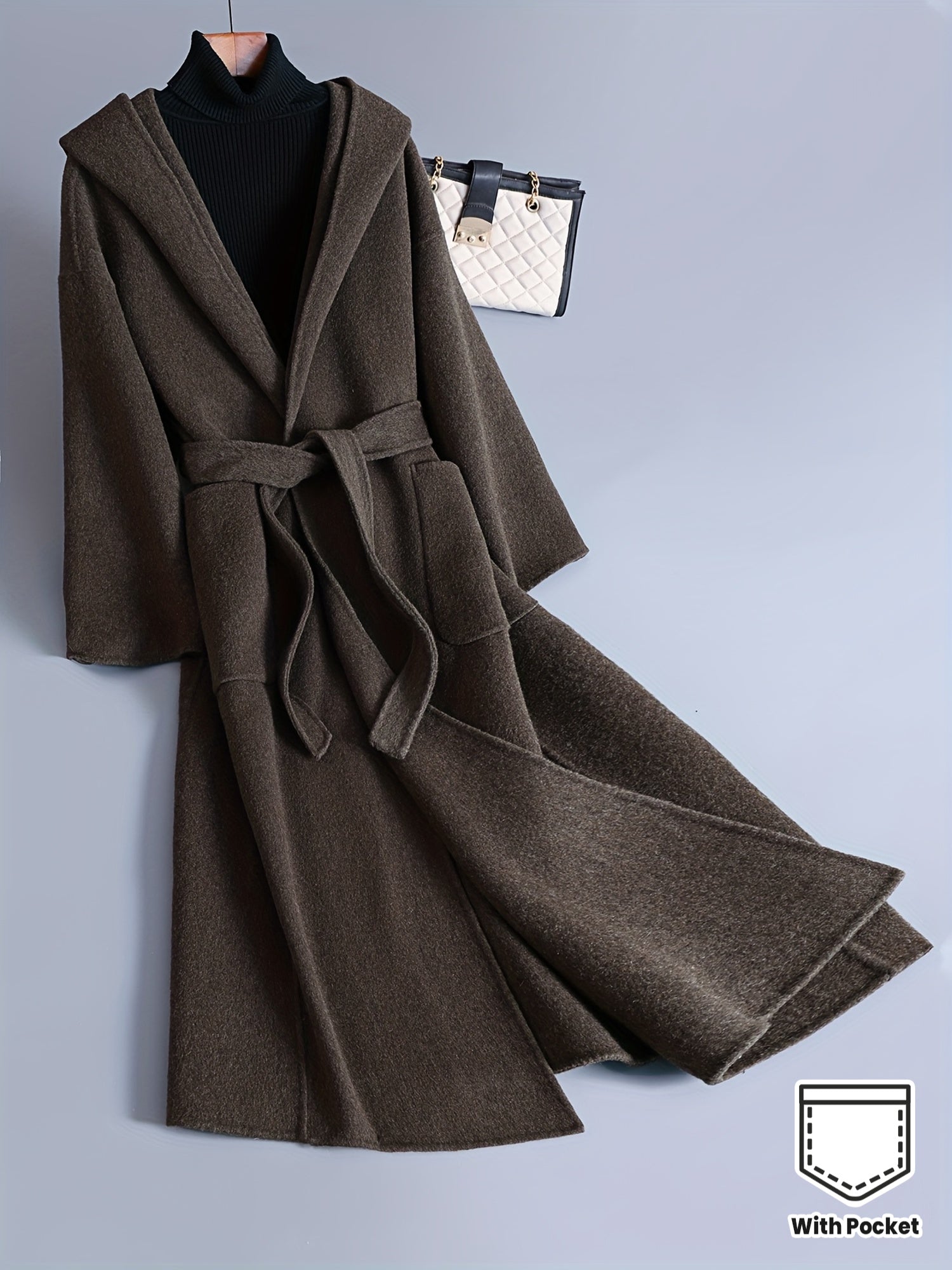 Women'S Elegant Hooded Coat - Long Formal & Everyday Outerwear, Chic Brown Winter Jacket with Front Pockets, Structured Fit for Fall\u002FWinter, Ladies Winter Coats, Fall Fashion, Sophisticated Design, Durable Fabric, Office Wear