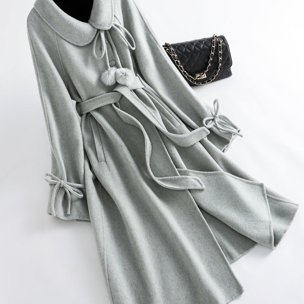 Gentle and Cute Light Green Tweed Luxury Wool Peter Pan Collar Tie Long Coat Women's Autumn Winter Outerwear Casual