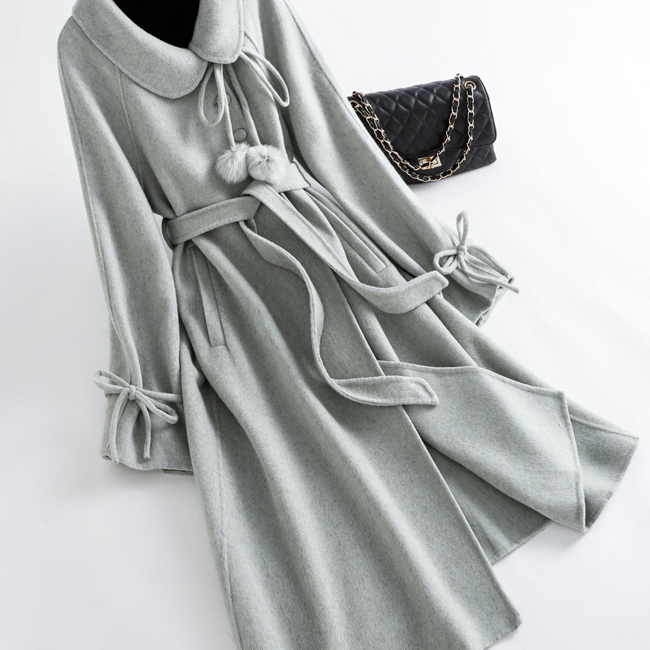 Gentle and Cute Light Green Tweed Luxury Wool Peter Pan Collar Tie Long Coat Women's Autumn Winter Outerwear Casual