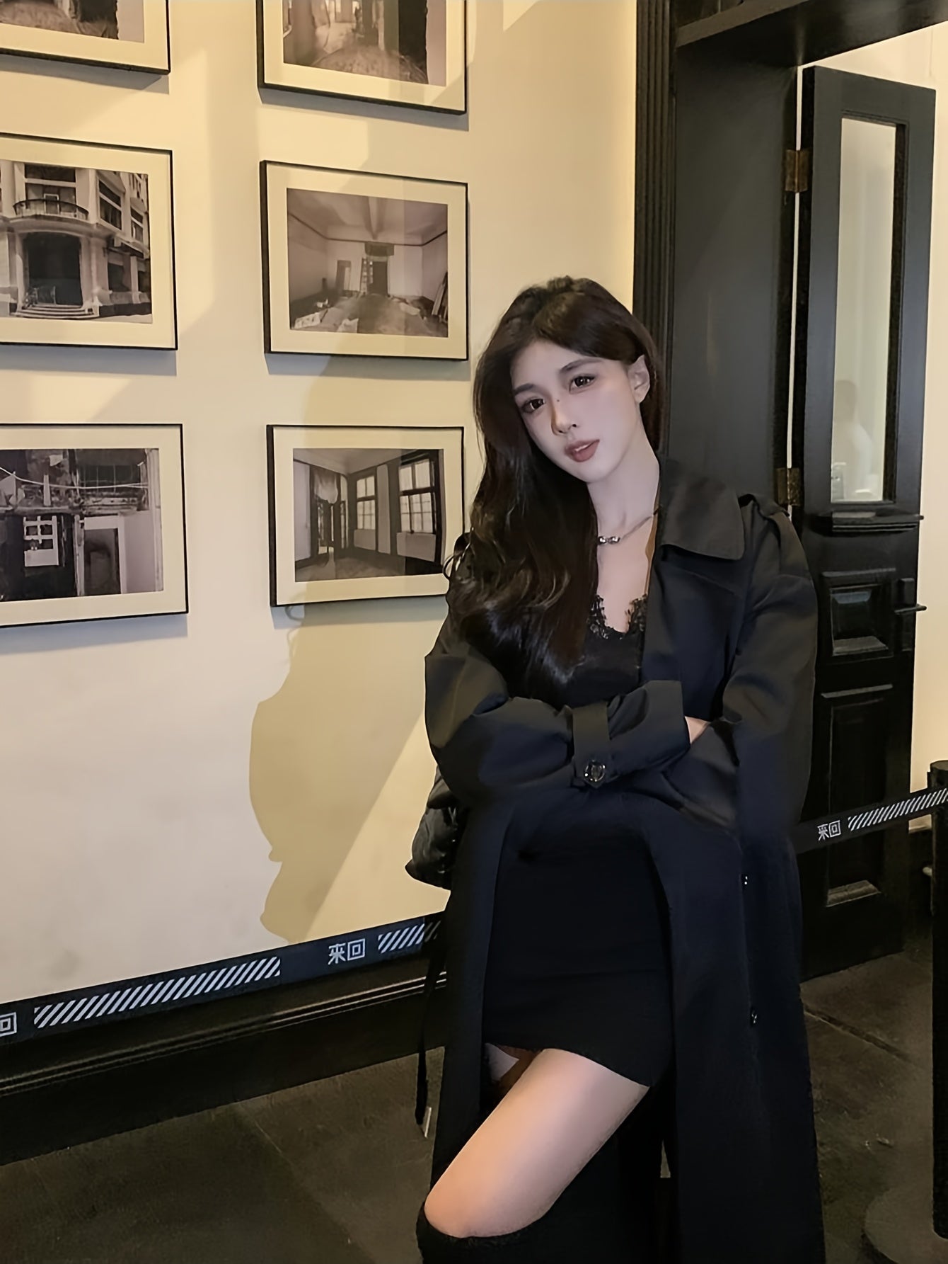 Women'S Elegant Black Lace-Up Fitted Long Coat Jacket - Chic Button-Front Closure, Non-Stretch Fabric, Loose Fit, Perfect for Fall\u002FWinter, Office, Party