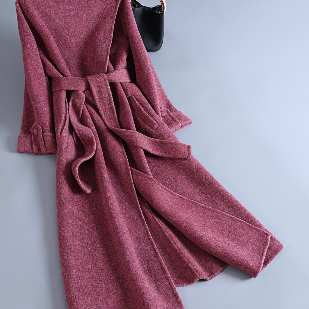 Fashionable Eye-Catching Rose Pink Luxury Wool Wrap Coat with Large Asymmetrical Collar and Tie for Women, Long Autumn\u002FWinter Outerwear for Daily Commute