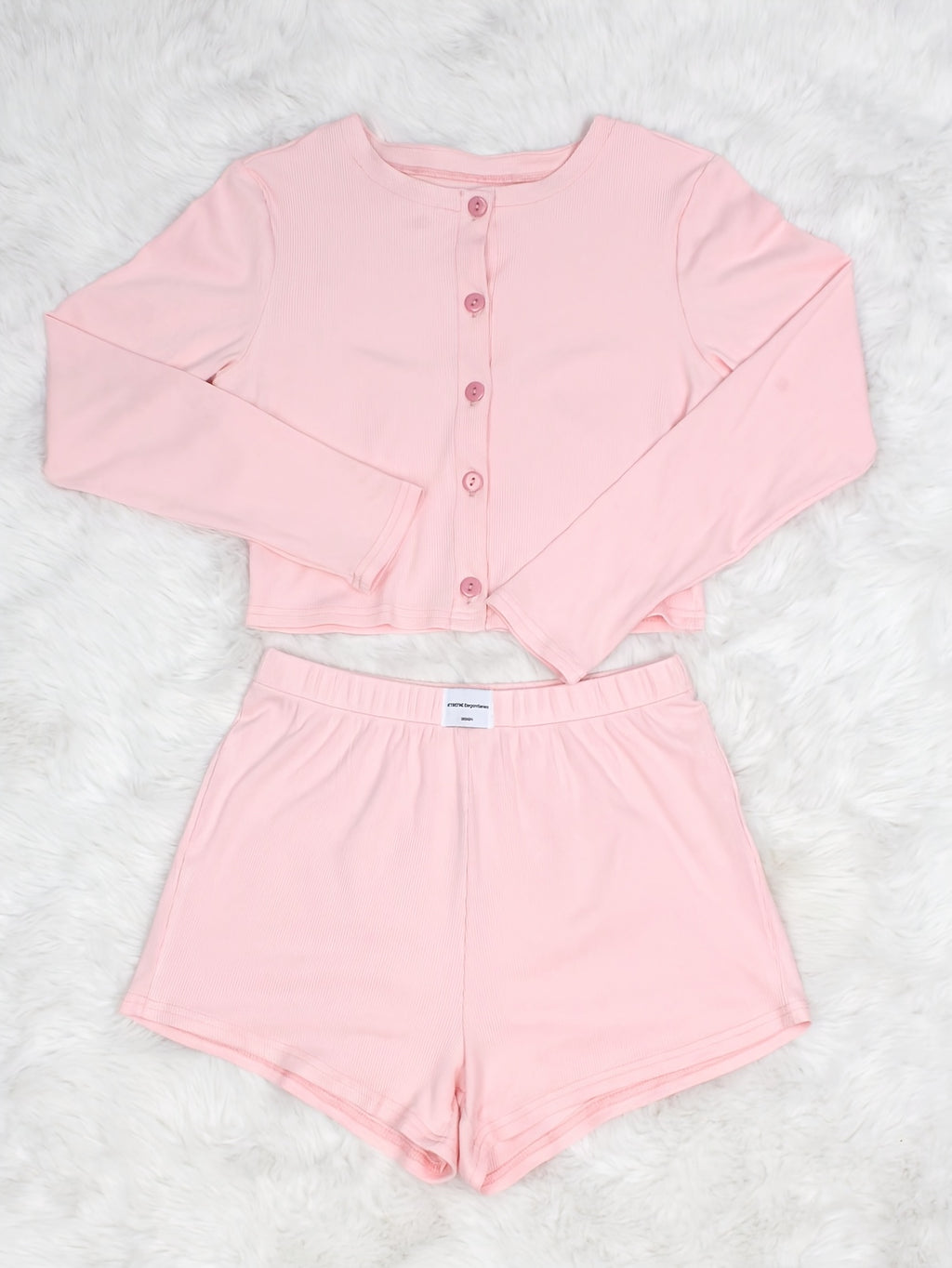 2pcs Women'S Solid Color Clothing Set - Soft Pink All-Season Long Sleeve Round Neck Top & Elastic Waist Shorts with Single-Breasted Button Closure, Relaxed Fit Pajamas for Home, Lounge, Casual Wear - Breathable & Comfortable Clothing Outfit