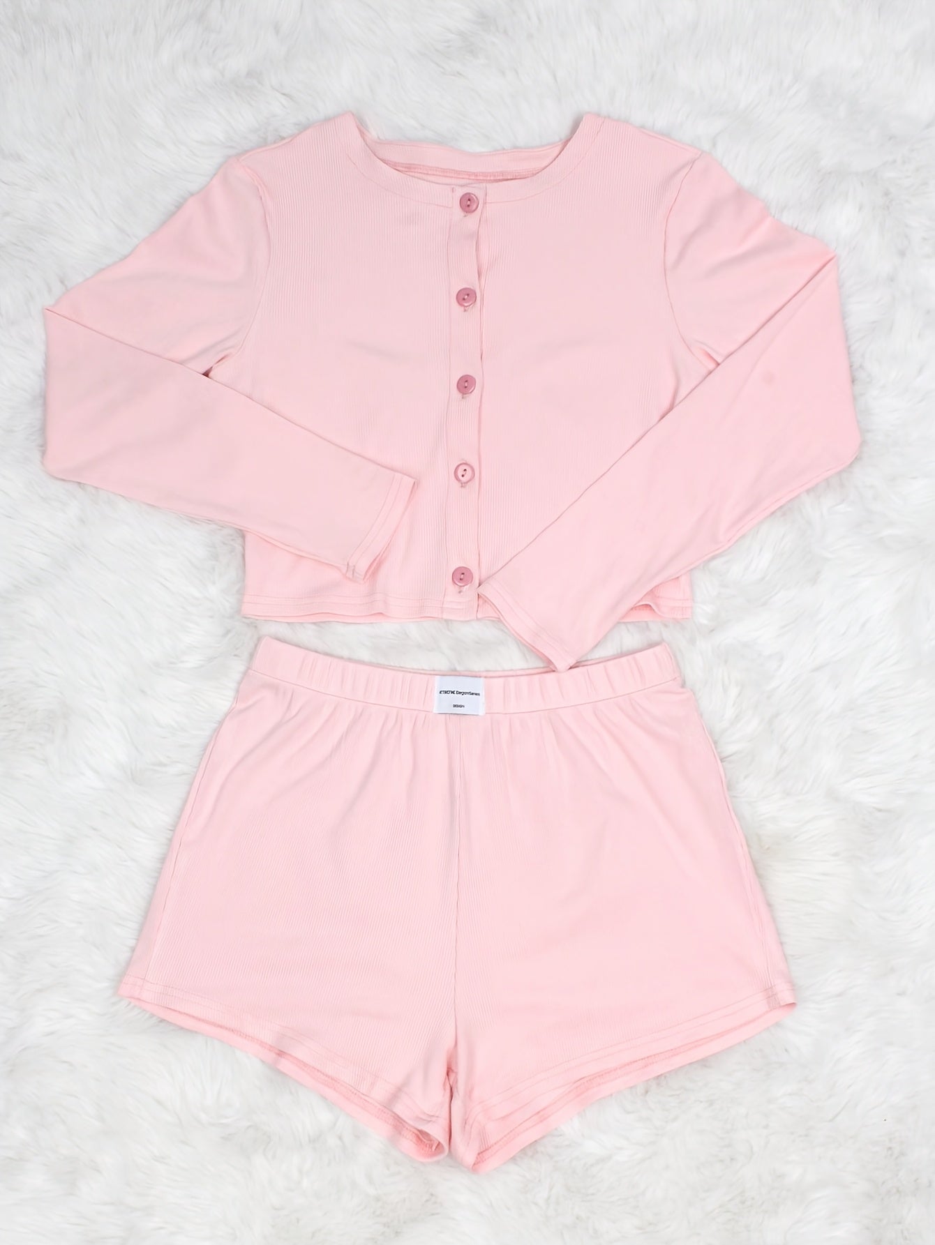 2pcs Women'S Solid Color Clothing Set - Soft Pink All-Season Long Sleeve Round Neck Top & Elastic Waist Shorts with Single-Breasted Button Closure, Relaxed Fit Pajamas for Home, Lounge, Casual Wear - Breathable & Comfortable Clothing Outfit