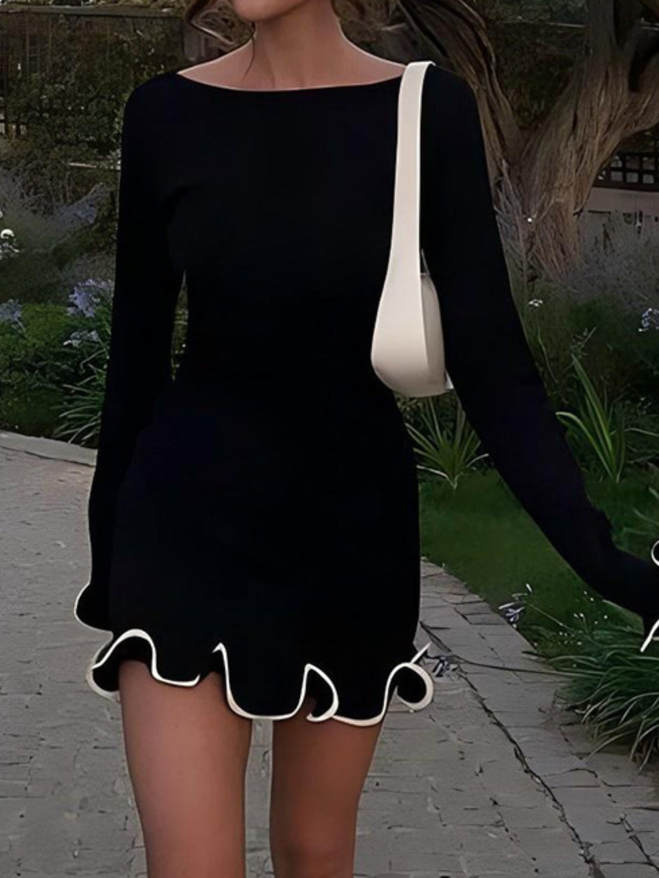 Women's Elegant Off-the-Shoulder Mini Dress with Lotus Leaf Hem & White Collar Trim - Fitted A-Line Party Wedding Guest Dress, Hand Washable Winter Outfits (Black &) - No- Solid Color Block Dress for Daily Wear