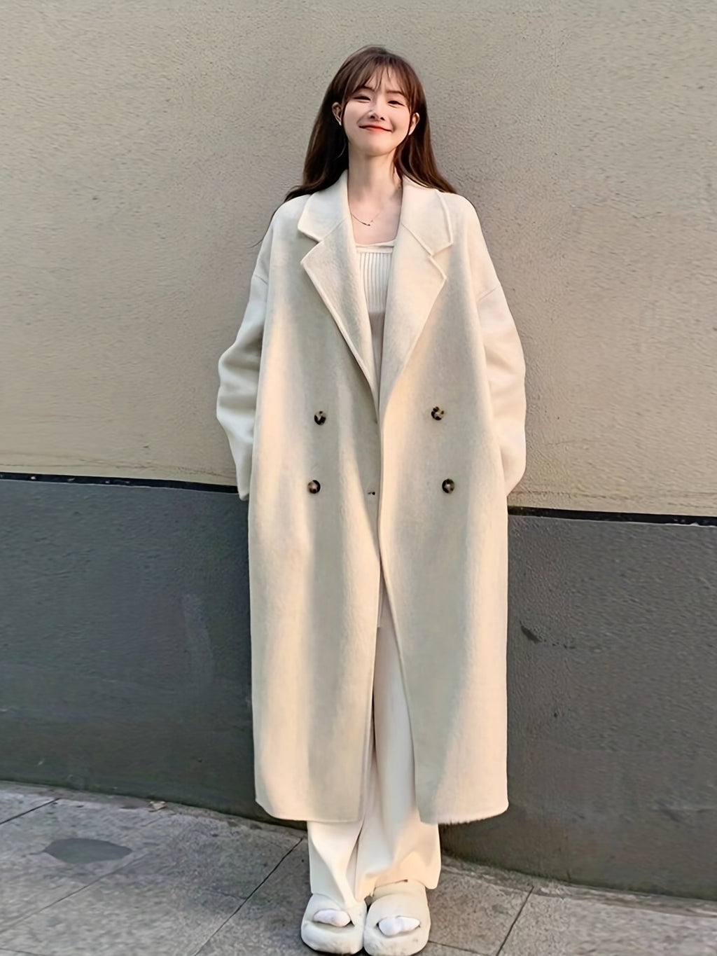 Women's Elegant Thickened Tweed Coat Double-Breasted Button Front Long Loose Fit Winter Jacket - \u002FBeige for petite, Smart Casual Outerwear (Hand Washable) Spring\u002FAutumn Clothing
