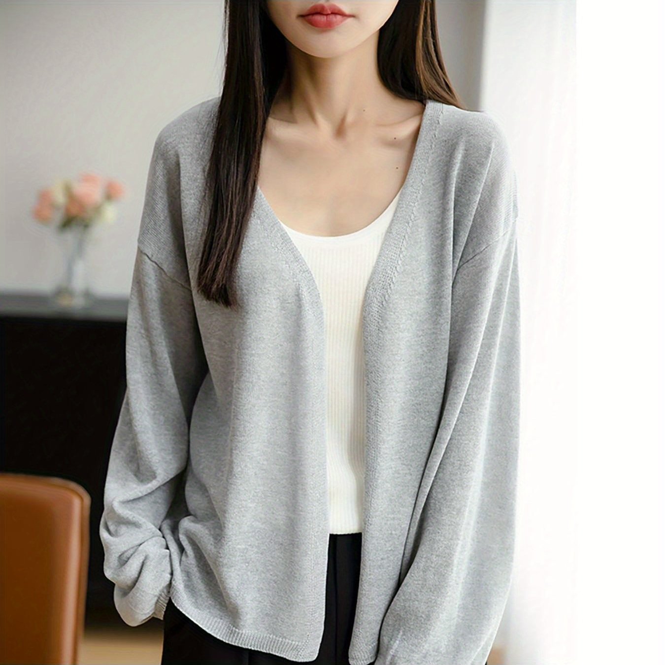 Lightweight Oversized Cardigan - Soft Grey Sweater Jacket with Collar, Long Sleeve Winter Coat for Layering, Machine Washable Loose Fit Outerwear (No Buttons\u002FLaces) - Casual to Professional Fall Winter Wear