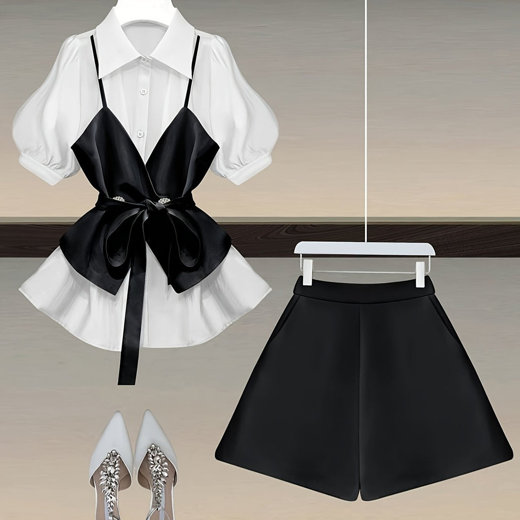 Office Ladies Elegant 2pcs Set For Women Summer Outfits 2025 Fashion Black Vest Patchwork White Polo Collar Shirts+shorts Sets Female Chic Overalls Women Summer Clothes