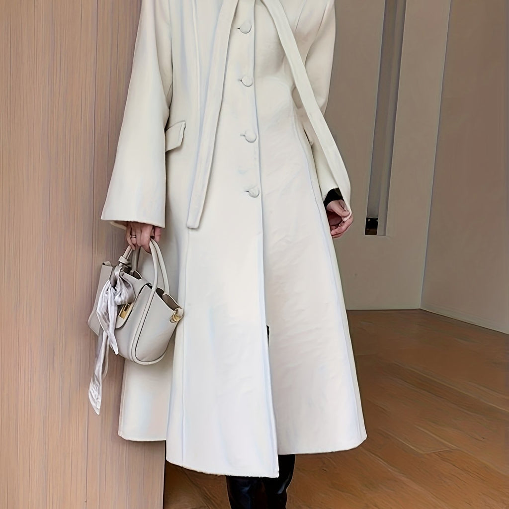 Women'S Elegant Winter Coat - \u002FNeutral Trench Coat with Front Bow, Structured Collar & Long Sleeves, Chic Office to Party Outerwear for Fall\u002FWinter
