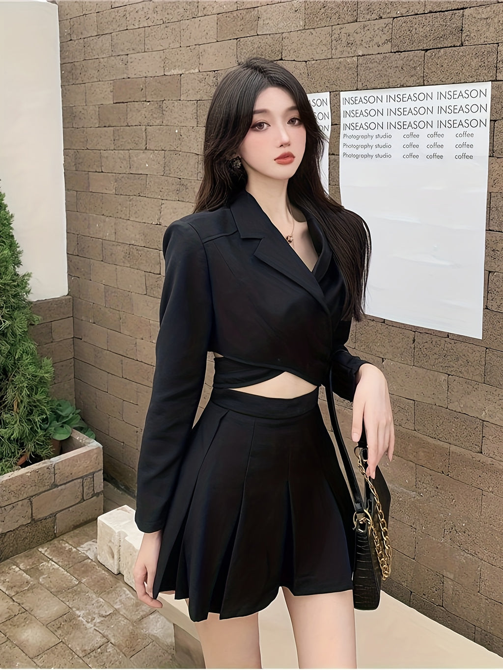 Women'S Elegant Black Long Sleeve Blazer & Pleated Skirt Set - V-Neck, Cropped Blazer with Cut-Out Detail, High-Waisted Skirt, Non-Stretch Fabric, Perfect for Spring\u002FFall, Office or Casual Wear, Versatile Fashion | Vneck Blazer | Nonstretch Fabric