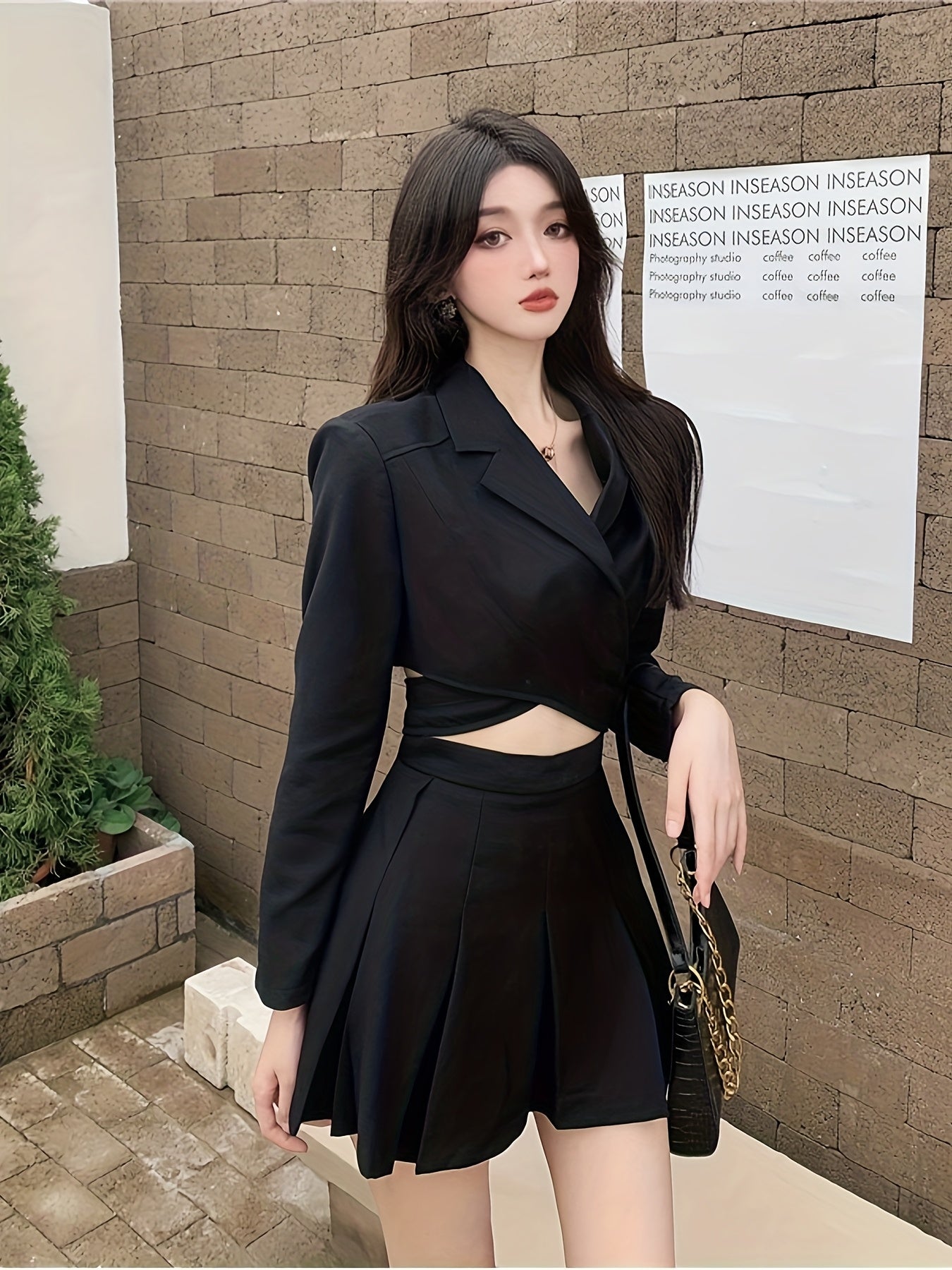 Women'S Elegant Black Long Sleeve Blazer & Pleated Skirt Set - V-Neck, Cropped Blazer with Cut-Out Detail, High-Waisted Skirt, Non-Stretch Fabric, Perfect for Spring\u002FFall, Office or Casual Wear, Versatile Fashion | Vneck Blazer | Nonstretch Fabric