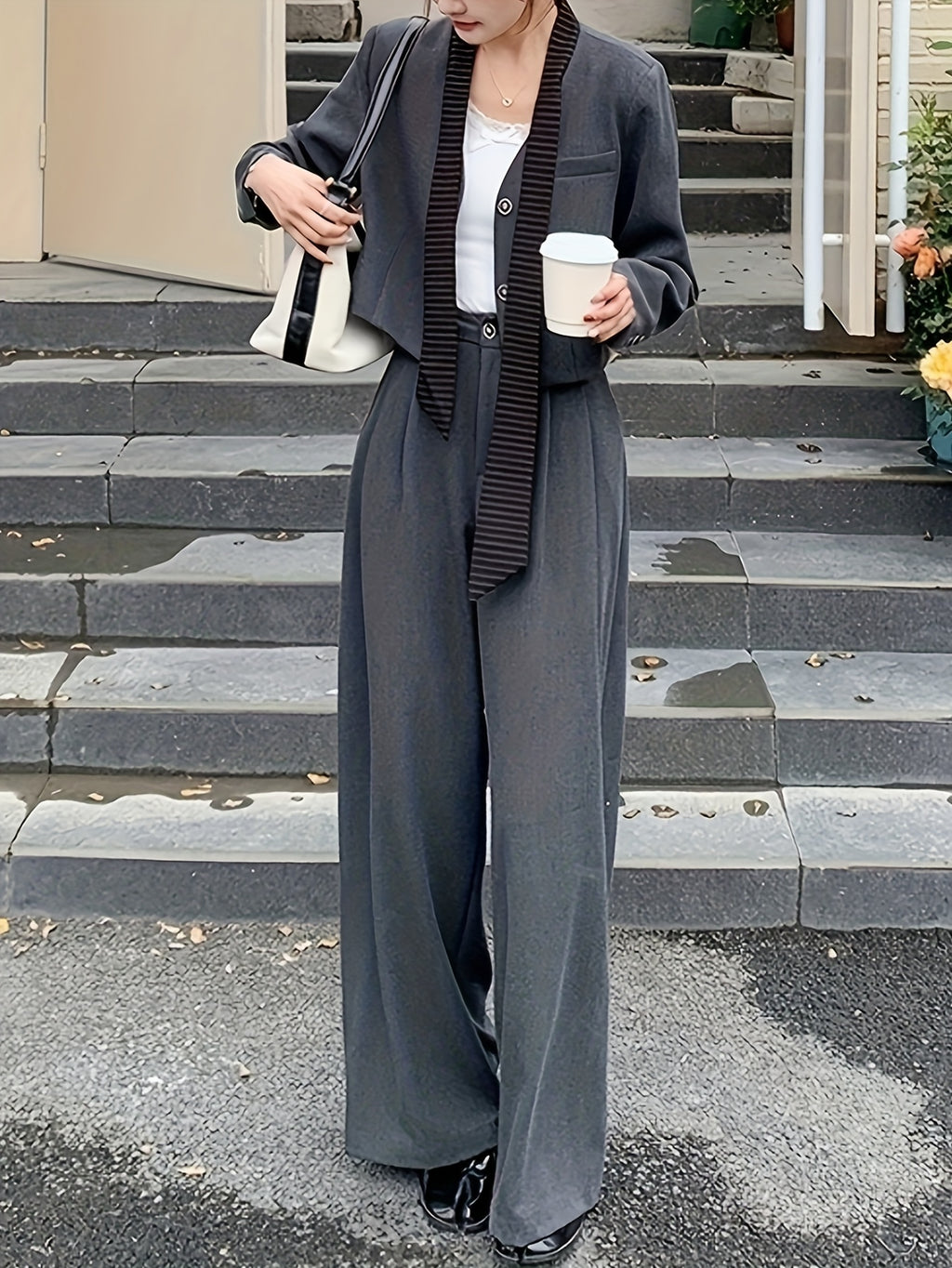 Women'S Two-Piece Autumn\Winter Elegant Commuter Suit Set - High-Waisted Wide-Leg Pants, No-Collar Short Jacket, Solid Color, Casual Style, Perfect for Fall\u002FWinter, Casual Attire|Elegant Commuter Suit|Wideleg Pants, Ladies Pantsuit