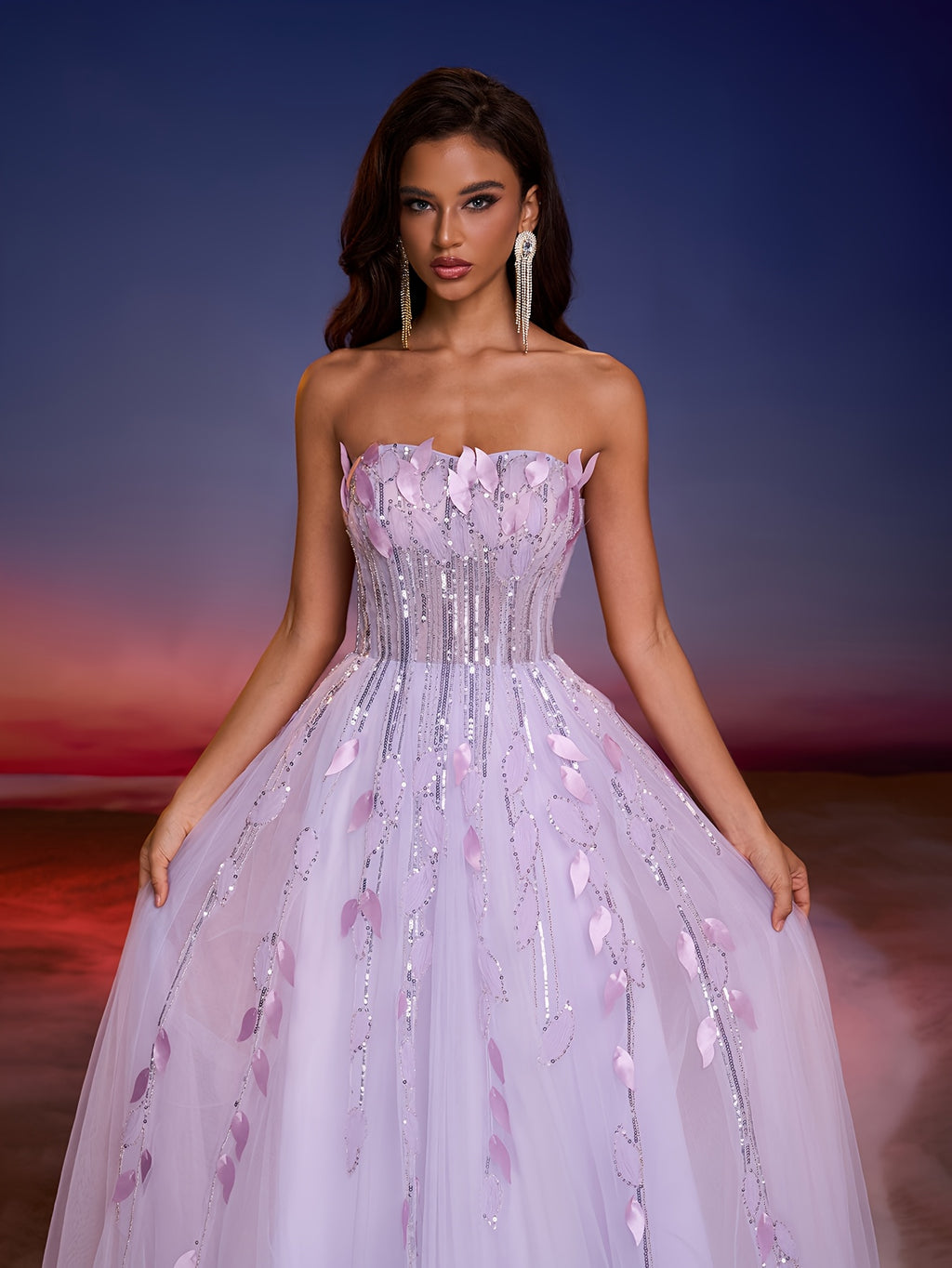 Elegant Off-Shoulder Gown with Handmade Leaf & Bead Embellishments, Flowing Tulle Skirt, Perfect for Formal Events, Banquets, and Balls, Formal Evening Wear | Offshoulder Design | Intricate Embellishments, Dress