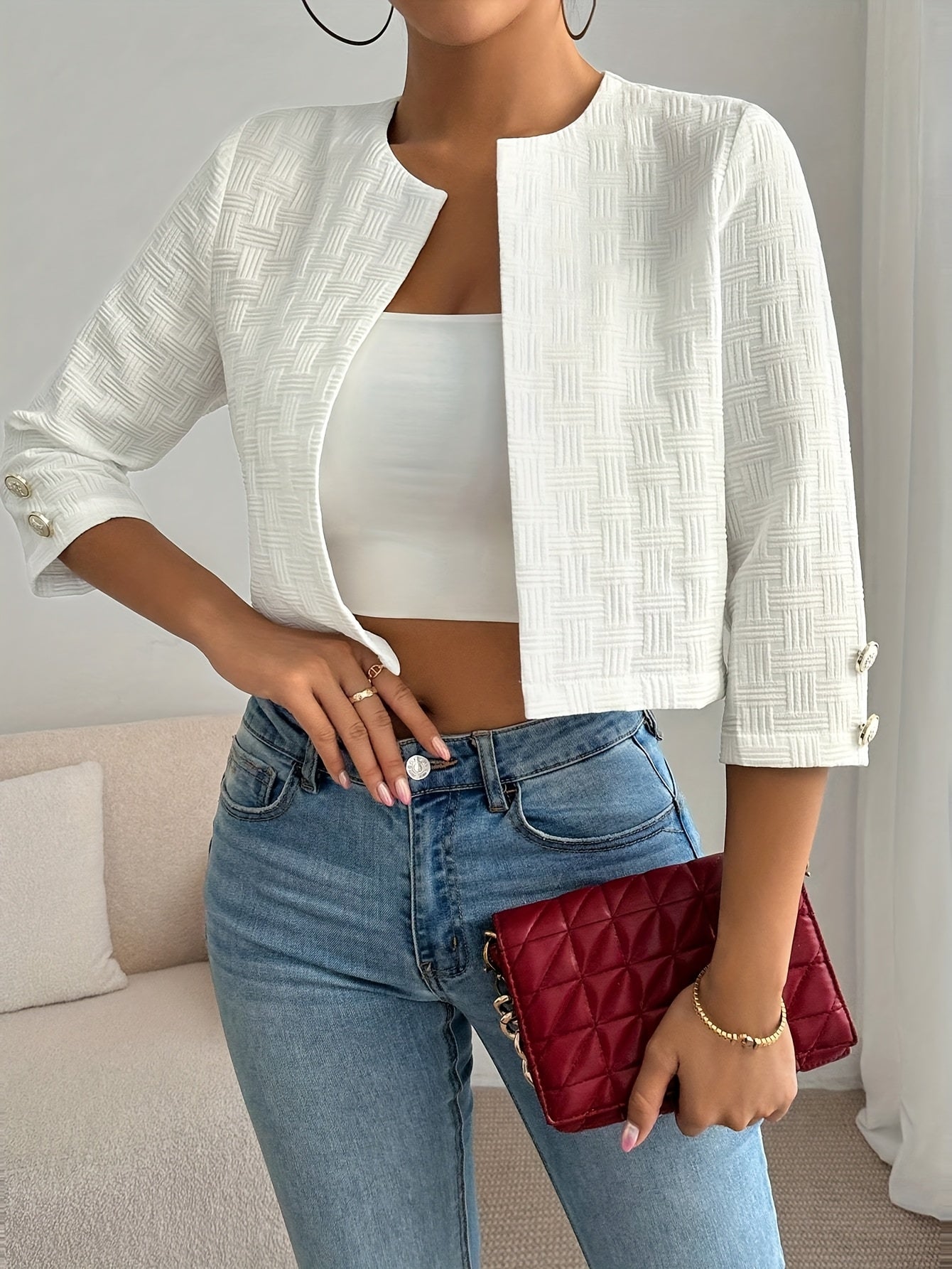 Women's Elegant Retro White Jacket - Casual Chic Cropped Three-Quarter Sleeve Open Front Blazer, Solid Color All-Season Versatile Outerwear, Stylish Layering, Sophisticated Tailoring