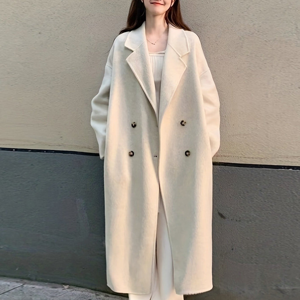 Women's Elegant Thickened Tweed Coat Double-Breasted Button Front Long Loose Fit Winter Jacket - \u002FBeige for petite, Smart Casual Outerwear (Hand Washable) Spring\u002FAutumn Clothing