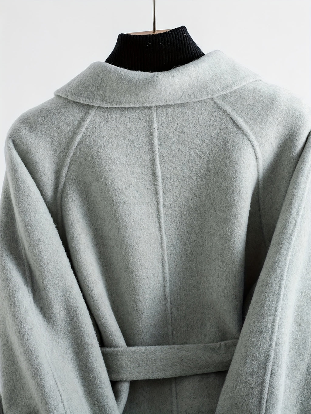 Gentle and Cute Light Green Tweed Luxury Wool Peter Pan Collar Tie Long Coat Women's Autumn Winter Outerwear Casual