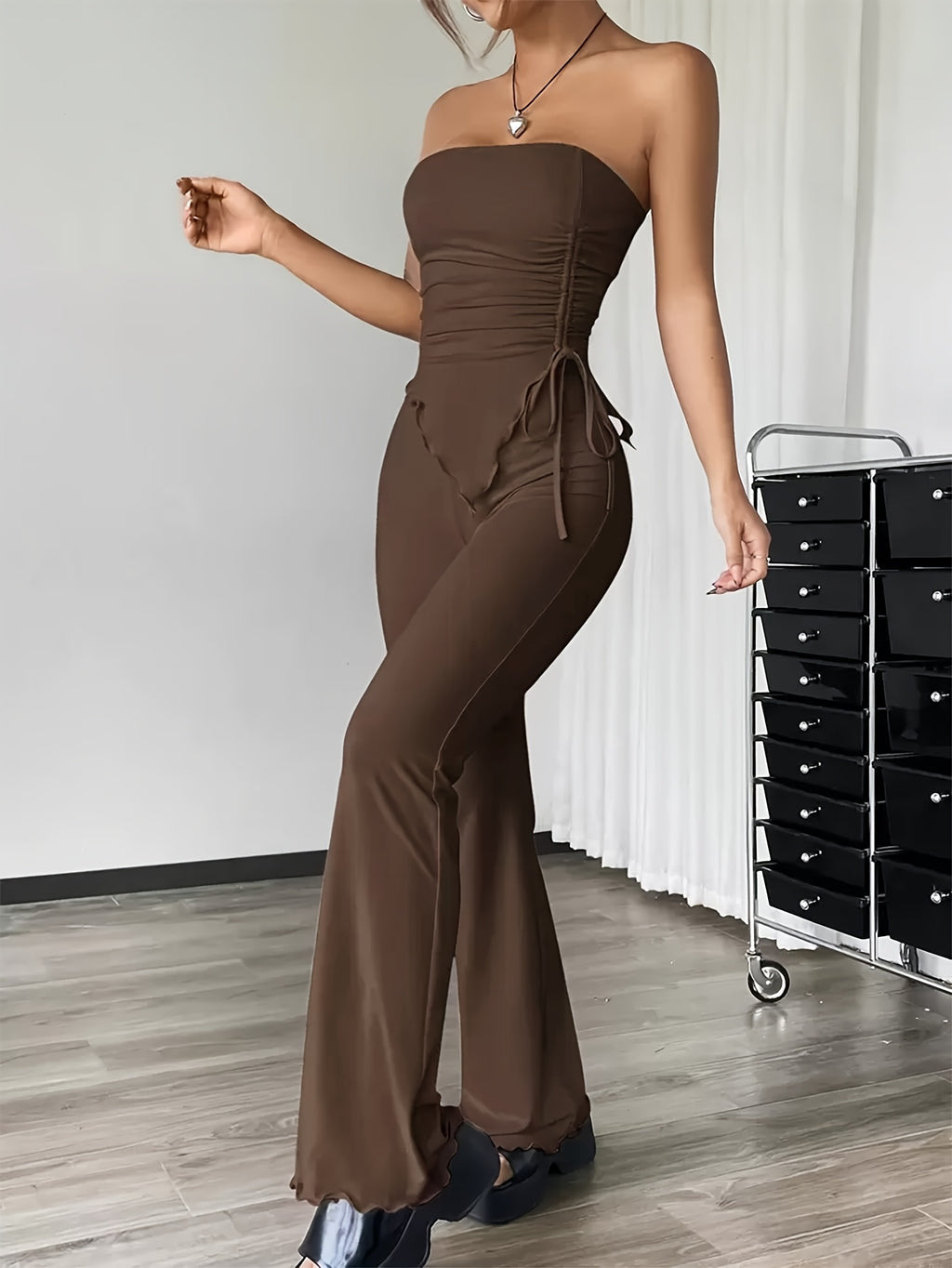 Women'S Elegant Solid Color Drawstring Ruched Tube Top & Flared Pants Set - High Waist, Stretchy Polyester, All-Season Fashion, Casual Chic, Casual Chic Outfit|High Waist Top|Polyester Fabric