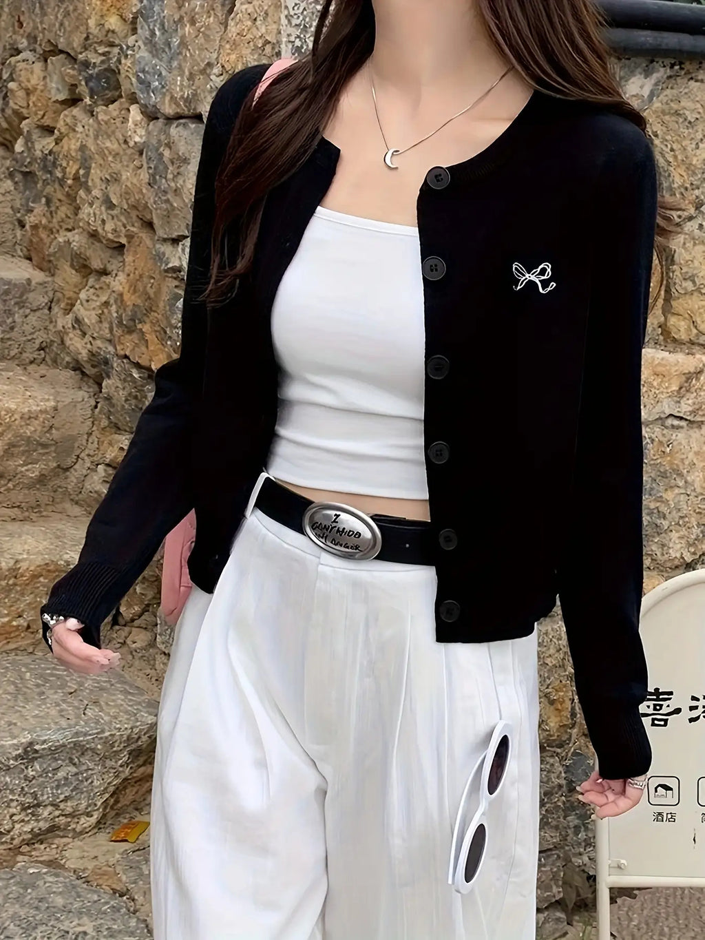 Women's Korean Style -Embroidered Cardigan Jacket - 4 Colors (White\u002FBlack\u002FNavy\u002FBeige) | Short Slim-Fit Blazer-like Coat with Collar & Golden-Tone Buttons | Spring\u002FFall Layering for Casual, Office & College Wear