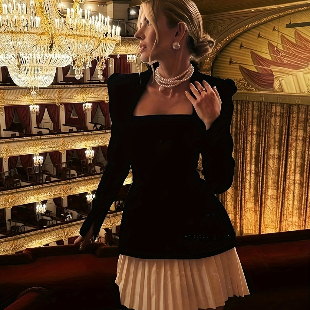 Elegant Red Long Sleeve Mini Dress with Pleated Hem - Square Neck, Fitted Top & Flared Skirt, Perfect for Fall\u002FWinter, Adult Women'S Fashion, Winter Fashion|Sophisticated Style|Polyester Fabric