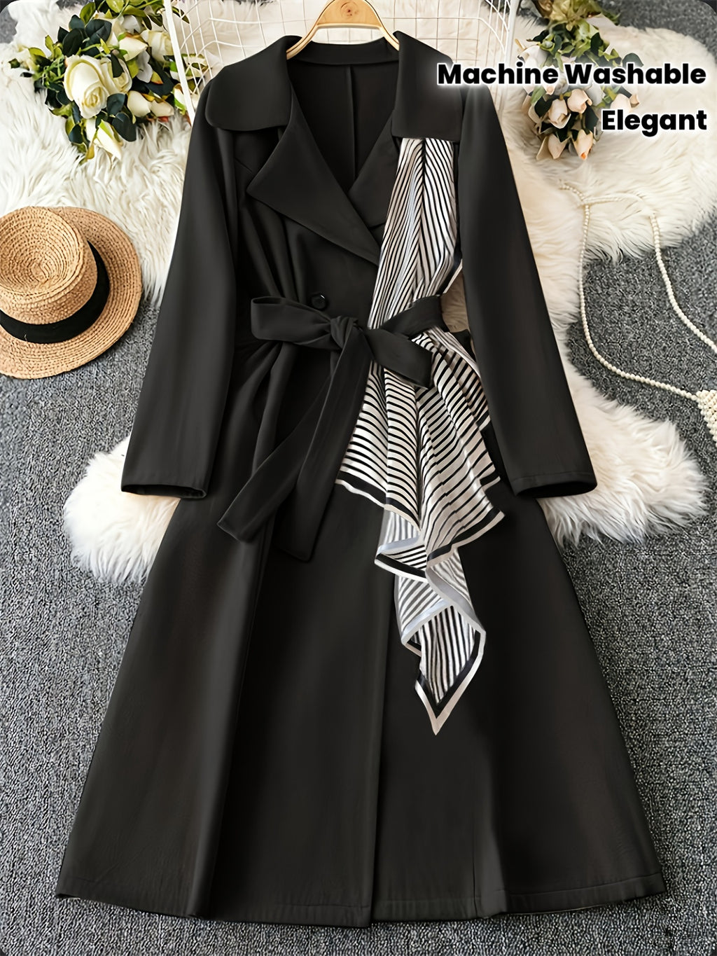 Elegant Black Double-Breasted Coat with White Piping & Bow Tie Belt - Full-Length Winter Jacket, Structured Collar, Machine Washable for, Weddings, Parties - Tailored Trench Coat