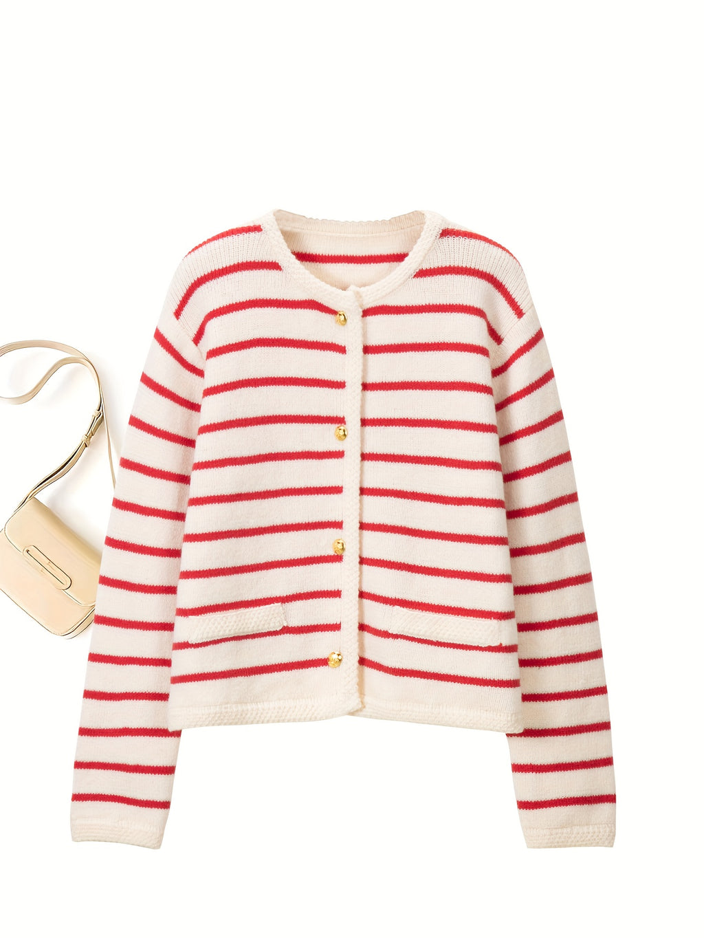 Elegant Women'S Long Sleeve Cardigan - Chic Striped Design with Button Details, Soft Fabric, Round Neck, Perfect for Fall & Winter Commute or Casual Style