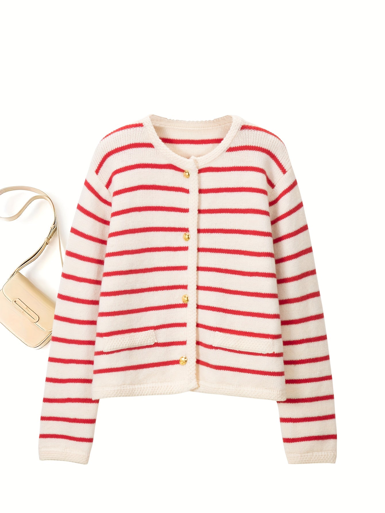 Elegant Women'S Long Sleeve Cardigan - Chic Striped Design with Button Details, Soft Fabric, Round Neck, Perfect for Fall & Winter Commute or Casual Style