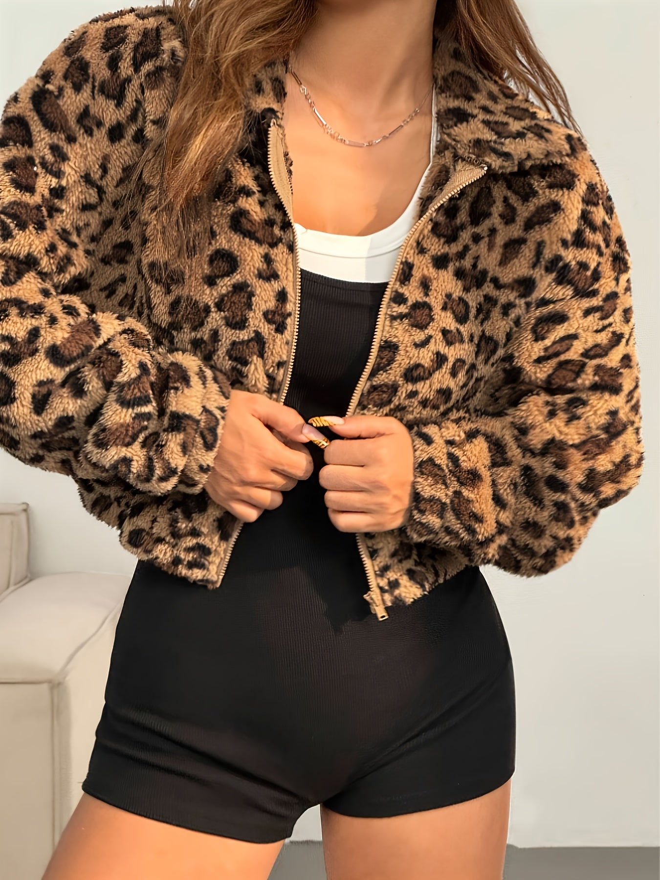 Leopard Print Winter Jacket Stylish Women's Leopard Print Jacket - Winter Coat with High Neck | Warm Outerwear in Black & Tan | Non-Transparent Fabric for Everyday & Formal Events | Fall\u002FWinter Fashion Jacket | Quality Stitching, Durable Material
