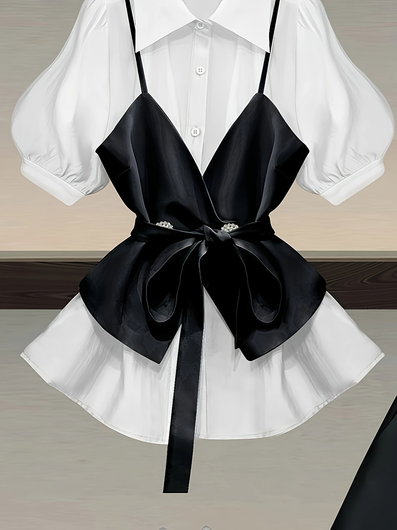 Office Ladies Elegant 2pcs Set For Women Summer Outfits 2025 Fashion Black Vest Patchwork White Polo Collar Shirts+shorts Sets Female Chic Overalls Women Summer Clothes