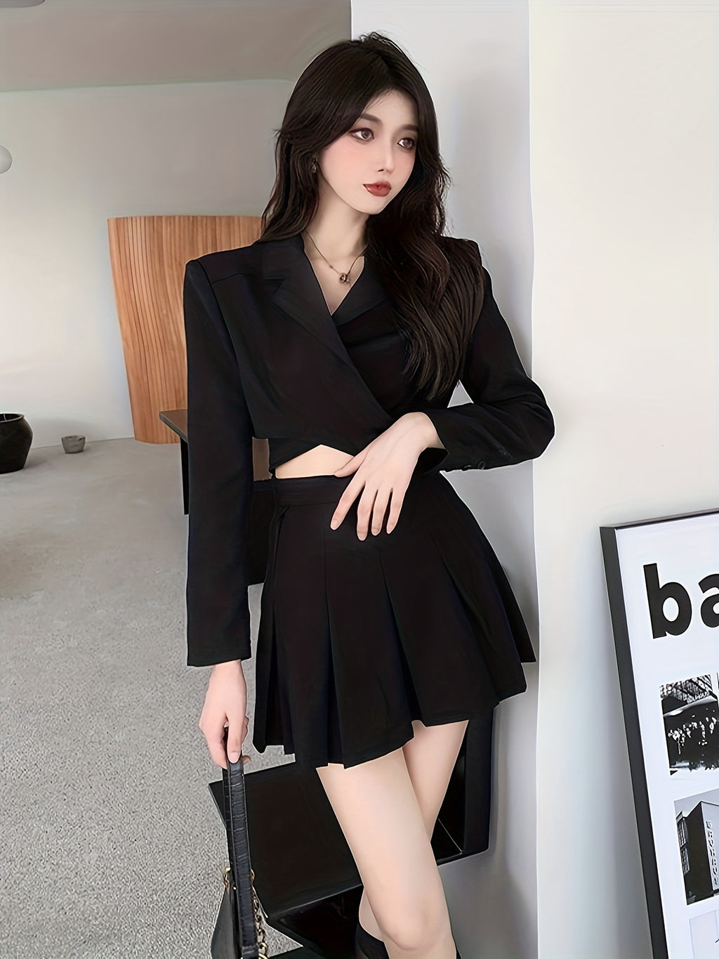 Women'S Elegant Black Long Sleeve Blazer & Pleated Skirt Set - V-Neck, Cropped Blazer with Cut-Out Detail, High-Waisted Skirt, Non-Stretch Fabric, Perfect for Spring\u002FFall, Office or Casual Wear, Versatile Fashion | Vneck Blazer | Nonstretch Fabric