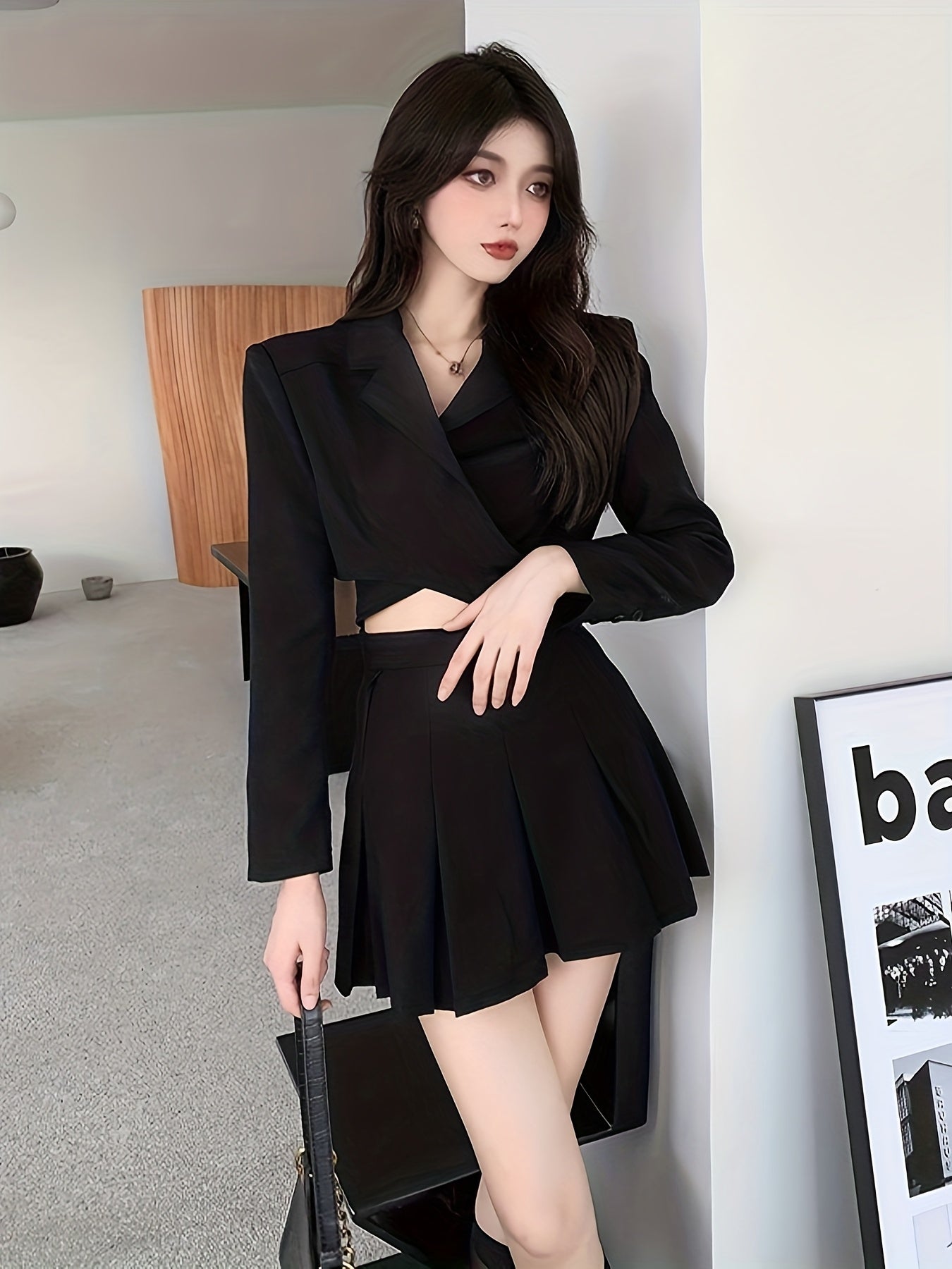 Women'S Elegant Black Long Sleeve Blazer & Pleated Skirt Set - V-Neck, Cropped Blazer with Cut-Out Detail, High-Waisted Skirt, Non-Stretch Fabric, Perfect for Spring\u002FFall, Office or Casual Wear, Versatile Fashion | Vneck Blazer | Nonstretch Fabric