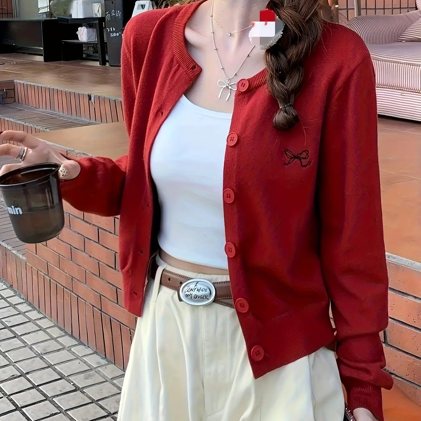 Women's Korean Style -Embroidered Cardigan Jacket - 4 Colors (White\u002FBlack\u002FNavy\u002FBeige) | Short Slim-Fit Blazer-like Coat with Collar & Golden-Tone Buttons | Spring\u002FFall Layering for Casual, Office & College Wear