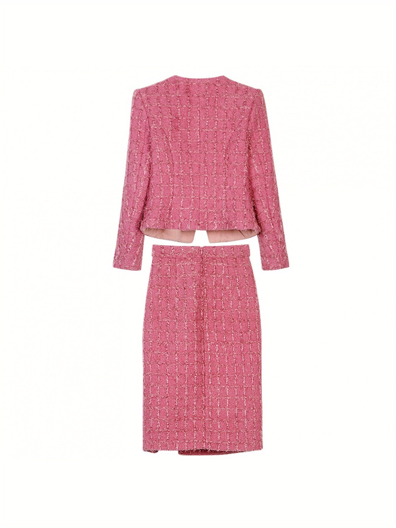 Spring and Autumn DirectionNew Set Sakura Pink Tweed Long Sleeve Plaid Jacket+ Skirt Two-piece Set Set 28613