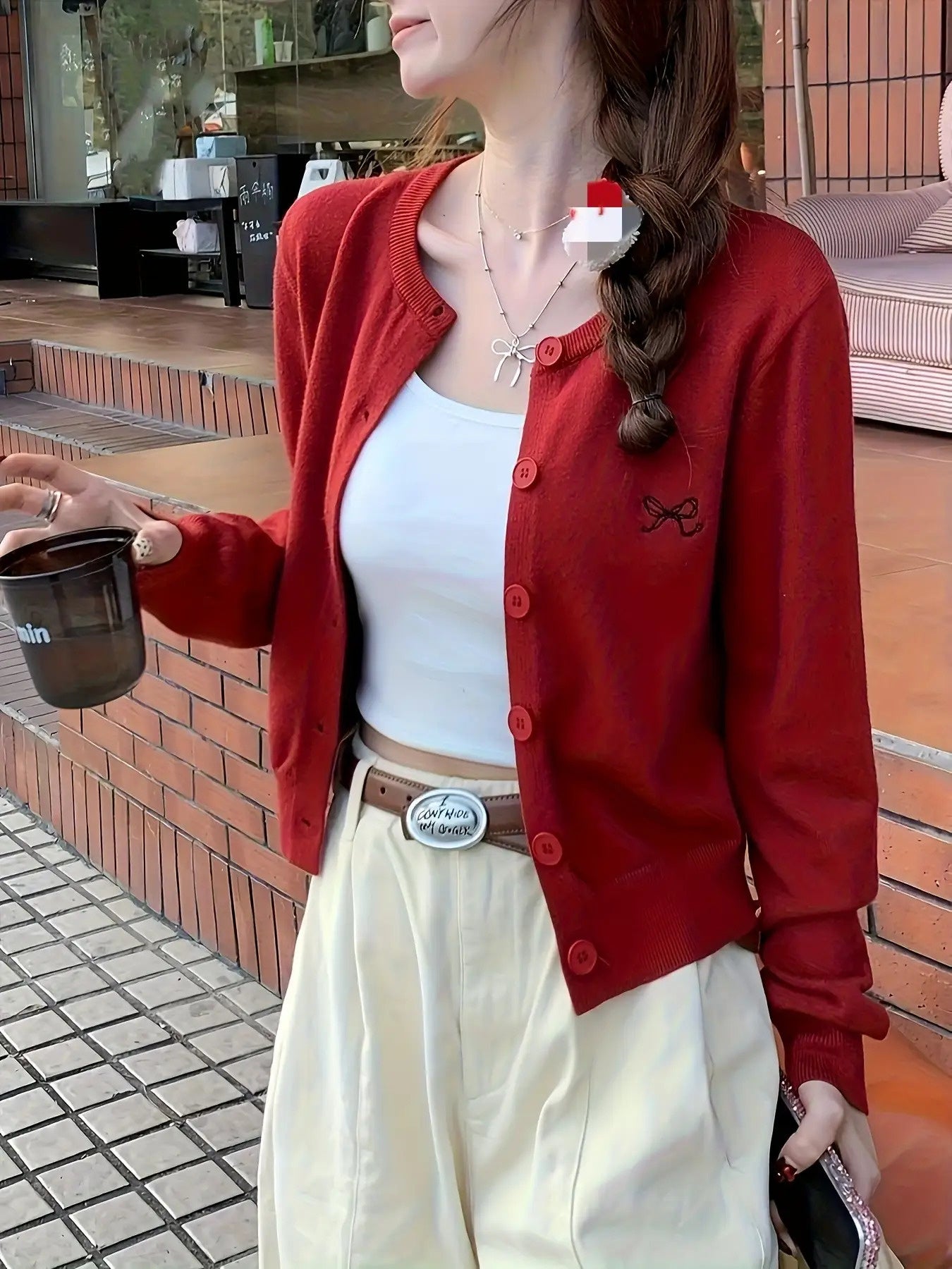 Women's Korean Style -Embroidered Cardigan Jacket - 4 Colors (White\u002FBlack\u002FNavy\u002FBeige) | Short Slim-Fit Blazer-like Coat with Collar & Golden-Tone Buttons | Spring\u002FFall Layering for Casual, Office & College Wear