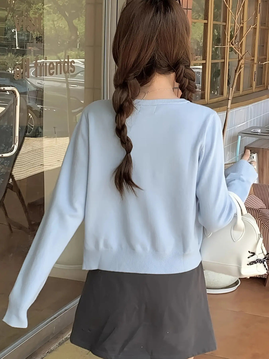 Women's Korean Style -Embroidered Cardigan Jacket - 4 Colors (White\u002FBlack\u002FNavy\u002FBeige) | Short Slim-Fit Blazer-like Coat with Collar & Golden-Tone Buttons | Spring\u002FFall Layering for Casual, Office & College Wear