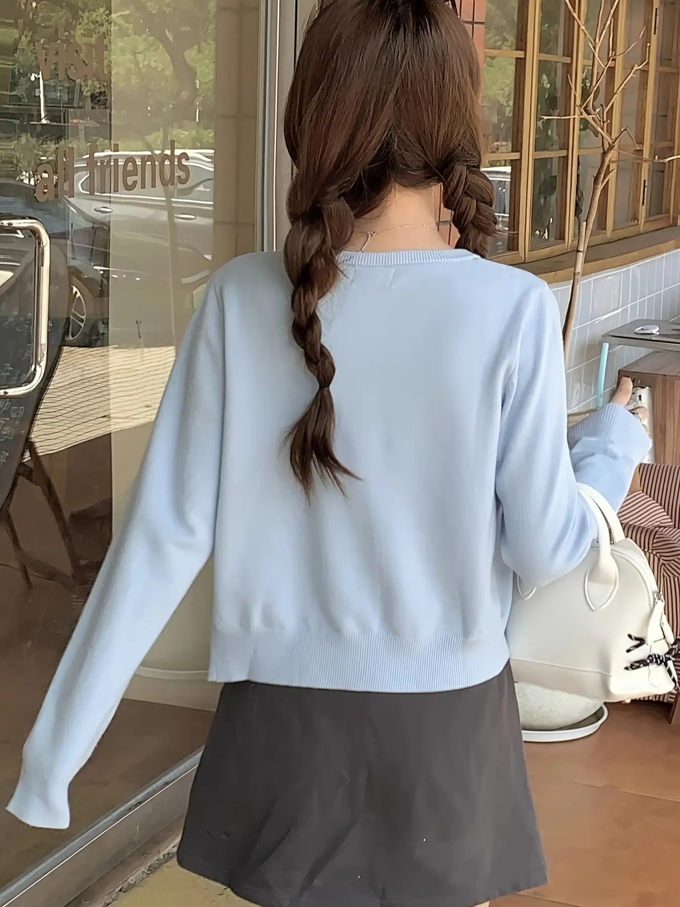 Women's Korean Style -Embroidered Cardigan Jacket - 4 Colors (White\u002FBlack\u002FNavy\u002FBeige) | Short Slim-Fit Blazer-like Coat with Collar & Golden-Tone Buttons | Spring\u002FFall Layering for Casual, Office & College Wear