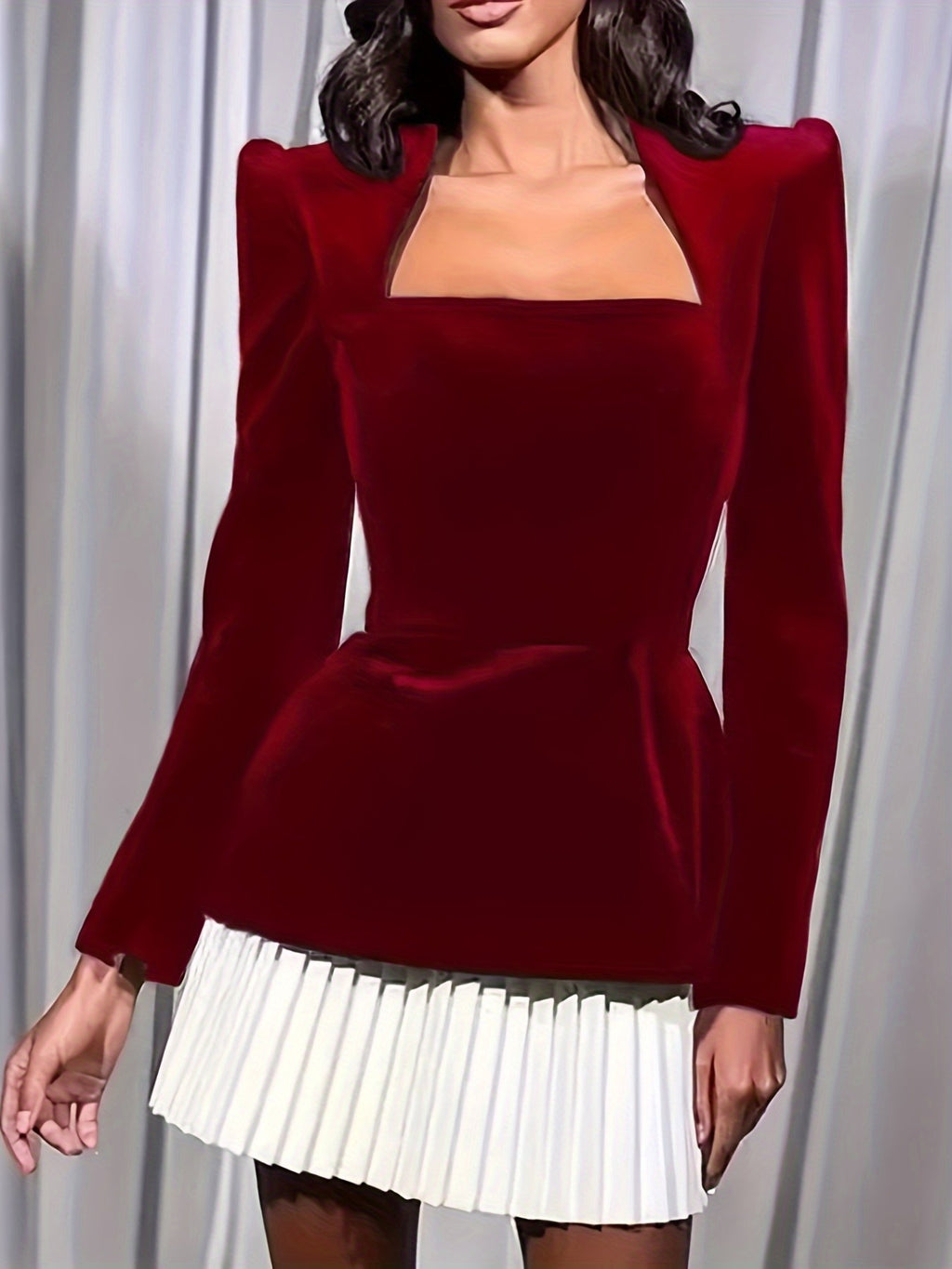 Elegant Red Long Sleeve Mini Dress with Pleated Hem - Square Neck, Fitted Top & Flared Skirt, Perfect for Fall\u002FWinter, Adult Women'S Fashion, Winter Fashion|Sophisticated Style|Polyester Fabric
