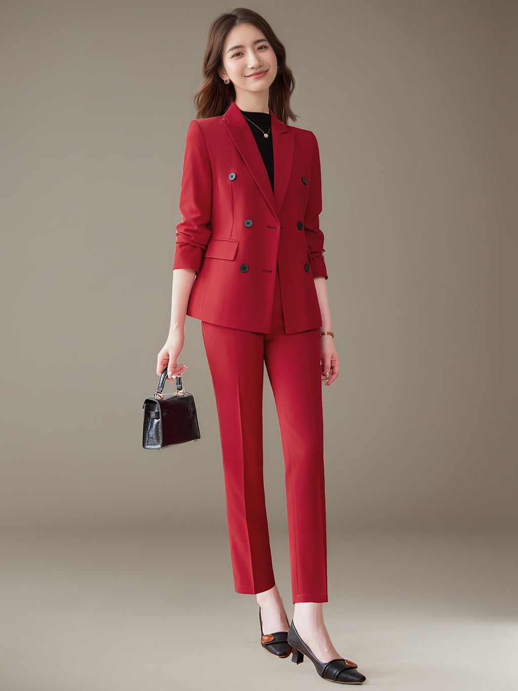 Fashionable and Simple Commuter Women's Suit Set with Double-Breasted Elegant Slim-Fit High-End Suit Pants Two-Piece Set