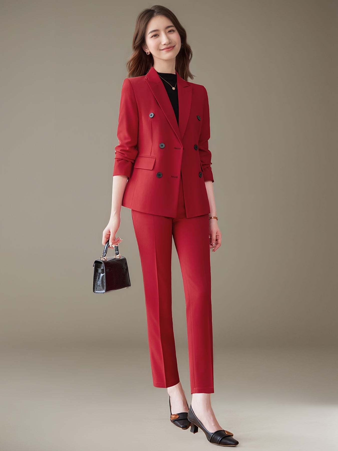Fashionable and Simple Commuter Women's Suit Set with Double-Breasted Elegant Slim-Fit High-End Suit Pants Two-Piece Set