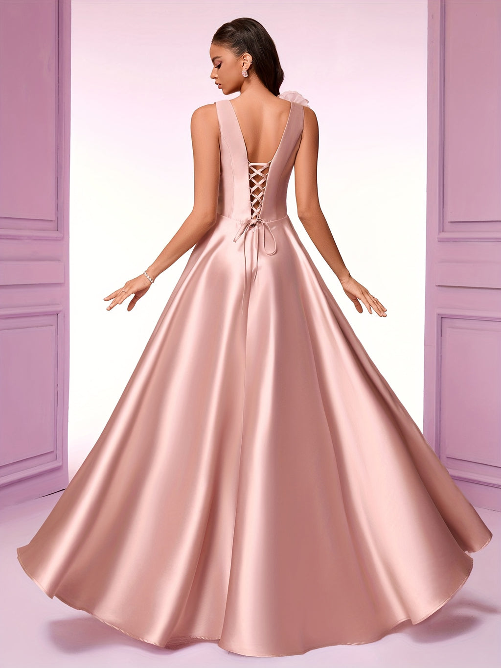 Elegant Women'S Sleeveless V-Neck Gown with Floral Waist Detail - High Waist, Flowing Silhouette, Perfect for Parties, Galas, and Formal Events, High Waist Gown