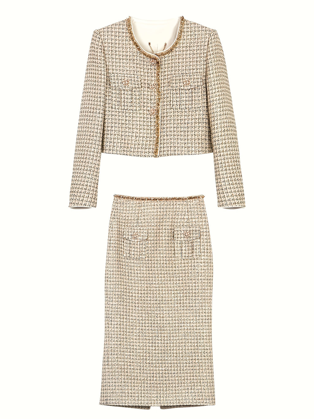 Two-Piece Set of Dazzling Evening Wear, Featuring a Delicate And Heavy-Duty Beaded Golden Tweed Skirt And a Midi Dress Set 2902.