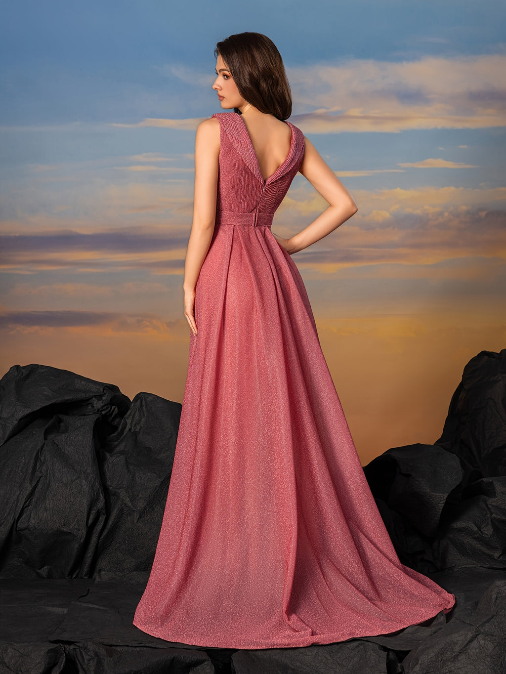 Elegant Mermaid Wedding Dress with V-Neck Lace Sleeves & Train - Long Sleeve-like Ruffled Design, A-Line -Length Gown in Soft Pink for Bridal, Prom, Special Occasions (Hand Washable)