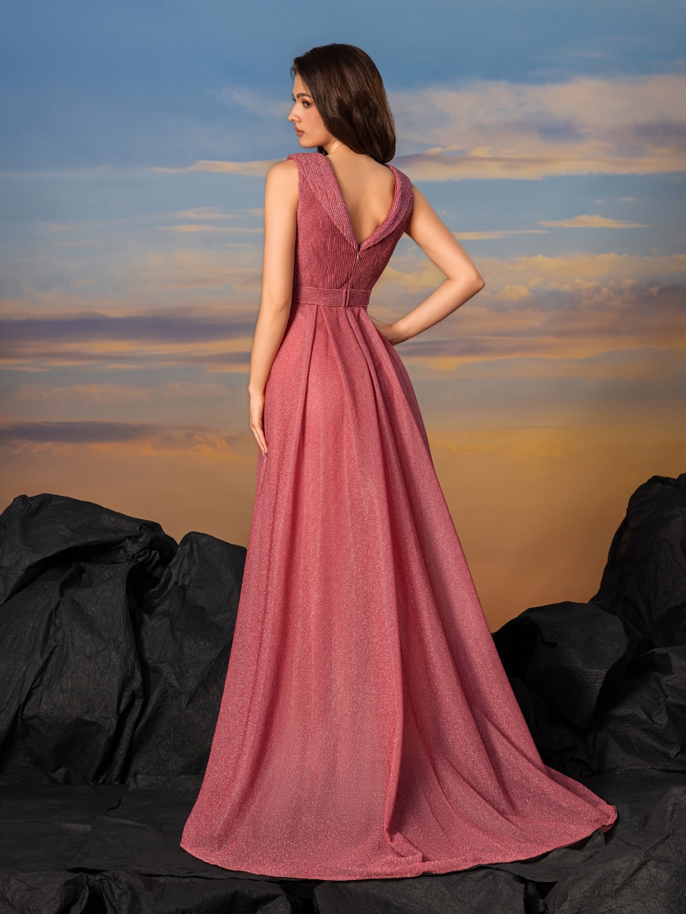 Elegant Mermaid Wedding Dress with V-Neck Lace Sleeves & Train - Long Sleeve-like Ruffled Design, A-Line -Length Gown in Soft Pink for Bridal, Prom, Special Occasions (Hand Washable)