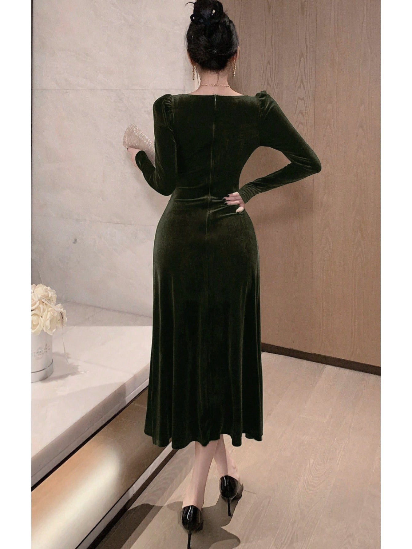 Women's Dark Green Fitted Square Neck Lace Panel Midi Dress - Winter Wedding Guest Gown, Prom Dress & Elegant Party Evening Dress, Hand Washable Retro Luxury Formal Attire